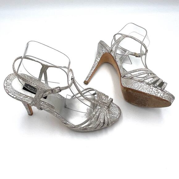 WHITE HOUSE BLACK MARKET ELIZABETH strappy heel sandals silver  fabric upper  9 - Picture 11 of 11